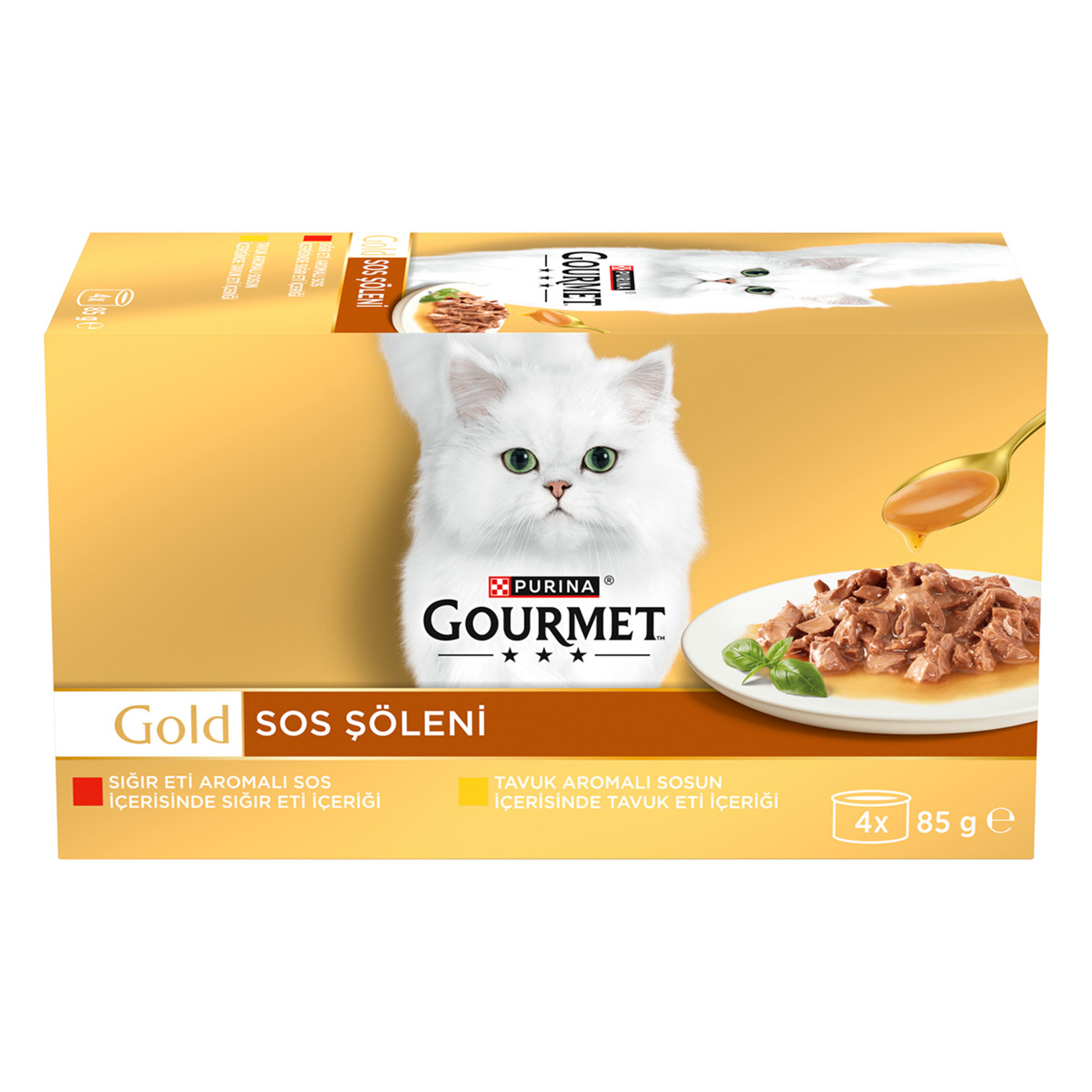 کنسرو گربه گورمت گلد Gourmet Gold مدل sos soleni طعم گوشت گاو و مرغ بسته ۴ تا ۸۵ گرمی